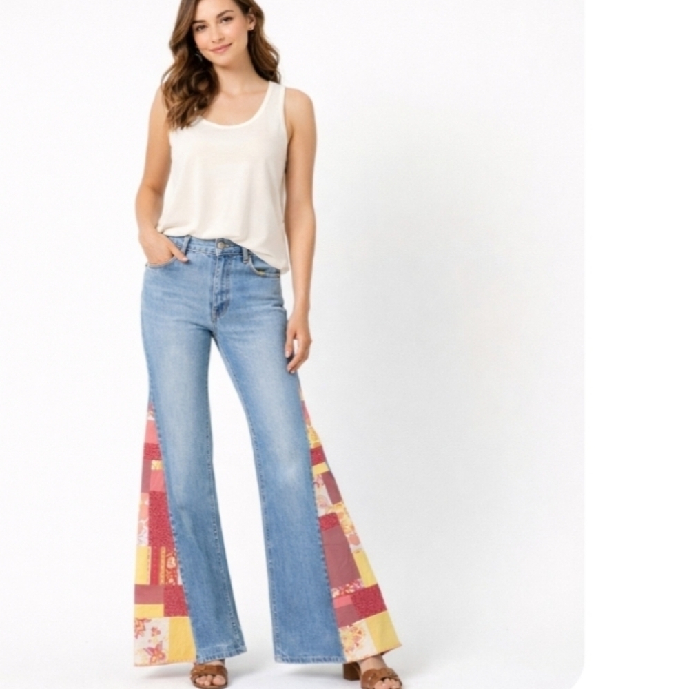 Upcycled Vintage Quilted Detail High Waisted Wide Leg Jeans